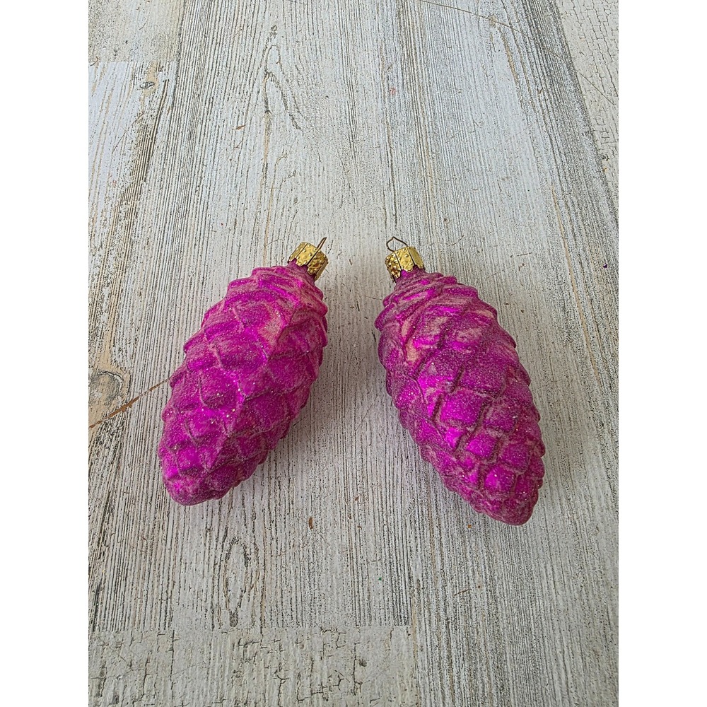 Vintage Christborn pink pine cone glitter glass ornament‎ set Xmas tree
